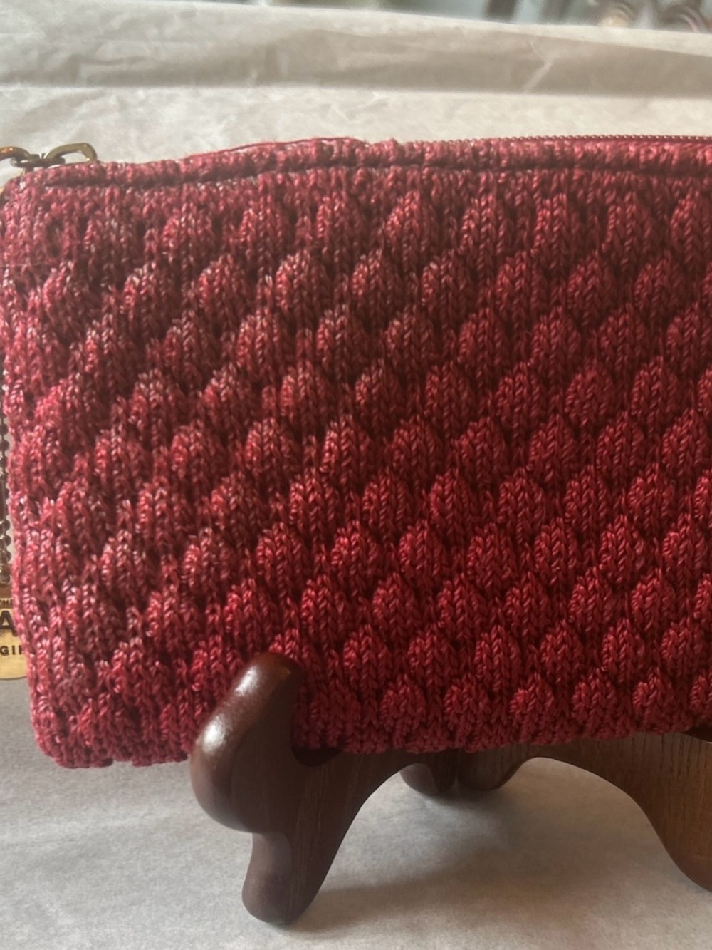 The SAK Original Garnet Red Crocheted Zip Wristlet - Small  Gold Hardware 7”x4”